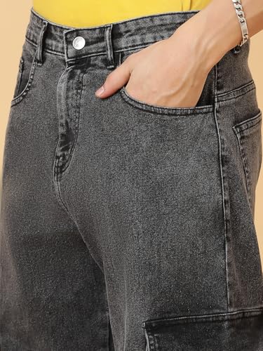 KOTTY Men's Solid Mid Rise Straight Fit Stylish Looking Cargo Jeans(Grey,30)