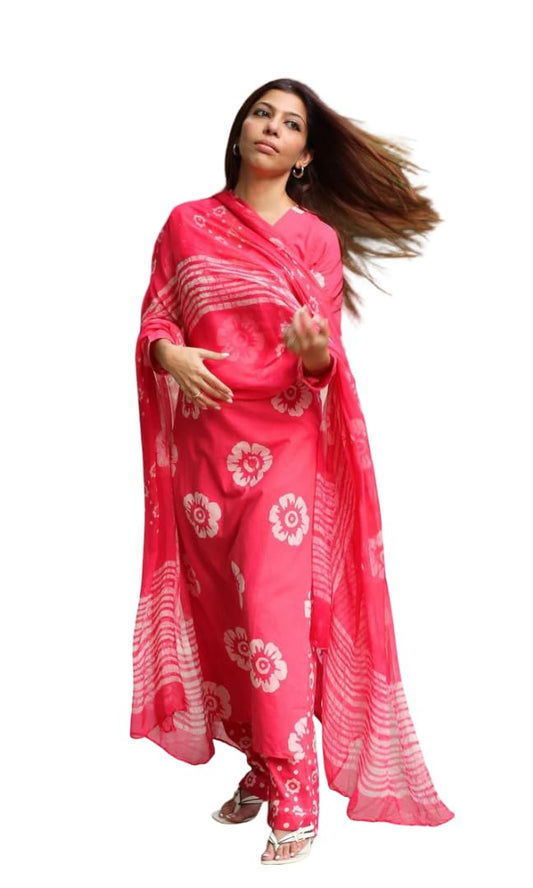 SANGOURI Women's Casual Rayon Floral Printed V Neck Straight Traditional Suit Salwar with Dupatta || Matching Kurta Pant Sets || Festive Ethnicwear (IN, Alpha, M, Red)