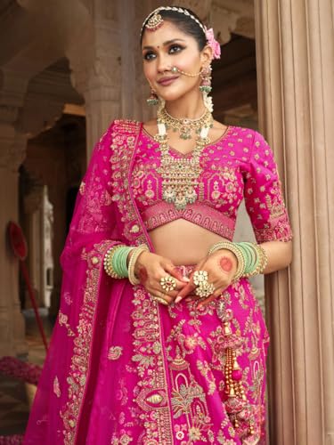 Traditional Bridal Lehenga Choli with Gold Embroidery, Hot Pink, Heavy Zari Work with Dupatta (Pink, XL)
