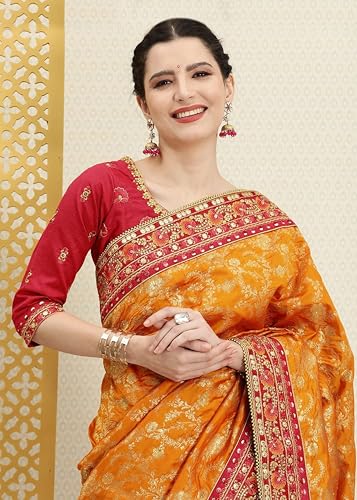 TRENDMALLS Women's Pure Silk Embroidery Work Saree with Unstitch Blouse Piece (K1113-Orange)