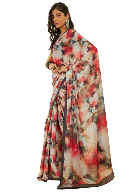 Soch Womens Charcoal Floral Print Crepe Saree