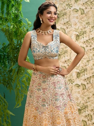 Zeel Clothing Women's Zari And Digital Print Work Art Silk Semi Stitched Lehenga Choli With Dupatta (5073-Multi-Womens-Lehenga-Choli-Latest; Free Size)