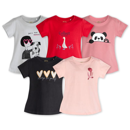 ARIEL Girl's Regular Fit Half Sleeve Tshirts Set of 5 (AR-G-HTop-P5-1516-Set7_Multicolour_15-16 Years)