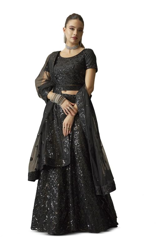 Soch Womens Black Net All-Over Sequin Embellished Unstitched Lehenga Set with Belt