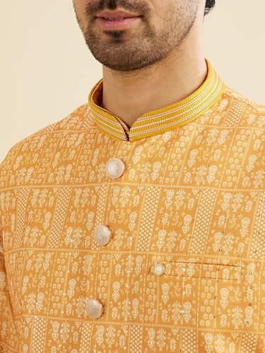 Manyavar Men's Art Silk Printed | Thread Work Kurta Jacket Set (Mustard,XXXL)