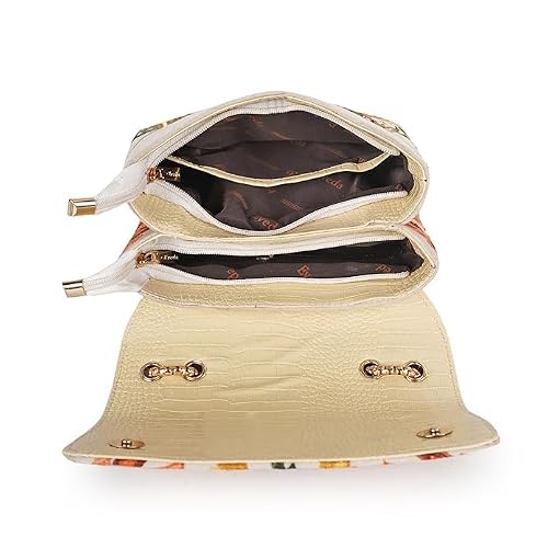 VELUCIA Womens Floral Embroidered Sling Bag With Chain Strap (Cream)