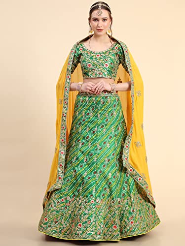 leeza store Women's Bollywood Style Silk Blend Bandhani Printed Zari And Sequins Embroidery Work Lehenga Choli With Dupatta