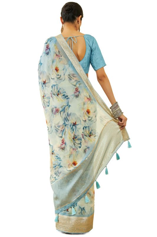 Soch Womens Turquoise Blue Organza Floral Print Saree with Woven Borders