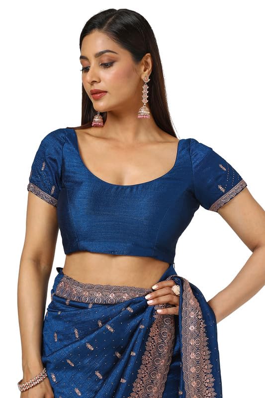 Soch Womens Blue Tussar Zari Embroidered Saree With Stone Work