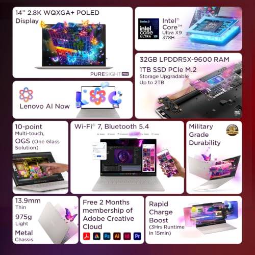 Lenovo Yoga Slim 7 Ultra Aura Edition Intel Evo Core Ultra X9 378H (32GB RAM/1TB SSD/14 (35.5cm)/2.8K WQXGA+ POLED/Copilot+ PC/Windows 11/MSO 365 Basic+Office24/Seashell/975g), 83QK00A4IN