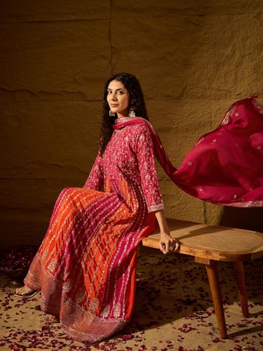 Shampysky Women's Pink Chinon Stitched Gown With Dupatta 3/4 Sleeve Embroidered Anarkali Gown (SSY-1231-Pink-L)