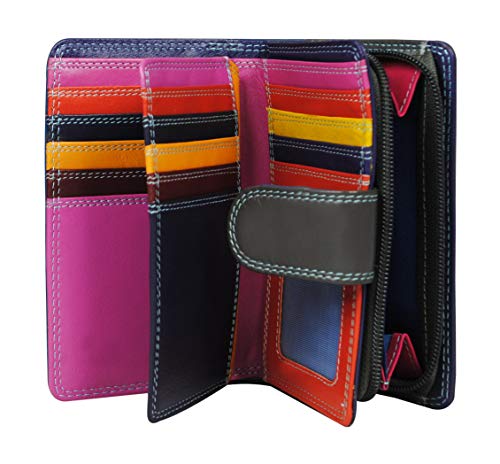 Calfnero Women's Genuine Leather Wallet-Long Purse Wallet with Multiple Card Slots, Zip Pocket and Note Compartment (Blue-Multi)