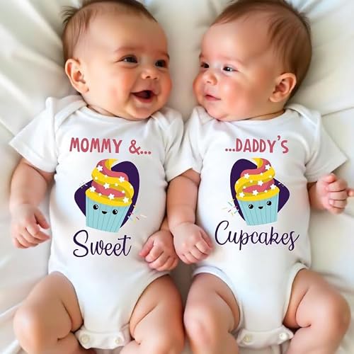 KNITROOT Twin Romper, Unisex Baby Kids Twin Onesies, Half Sleeve Bottom Snap Button, White Cotton Bodysuit, Sleepsuit, Mommy Sweet Daddy Cupcakes, 0-3 Months, For Twin Baby Boys & Girls
