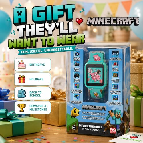 Minecraft Kids Smart Watch with Touchscreen Display, 10 Watch Faces, Games, Camera, Alarm, Timer, Step Counter & Calculator – Fun Interactive Learning Watch for Boys & Girls, Fits Wrist Sizes 5.5"-8",