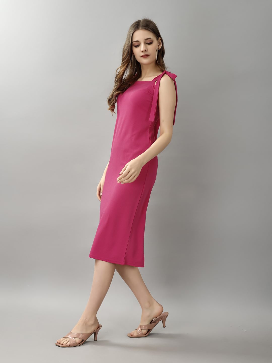 Attire Empire Women Solid Pink Squared Neck Tie-Up Shoulder Straps Bodycon Midi Dress