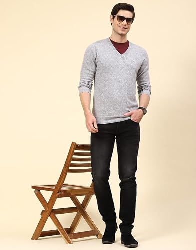 Monte Carlo Lt Grey Mix Solid V Neck Pullover | Warm Woolen Pullover for Men | Soft Comfortable Knitted Winter Wear Sweater for Men's