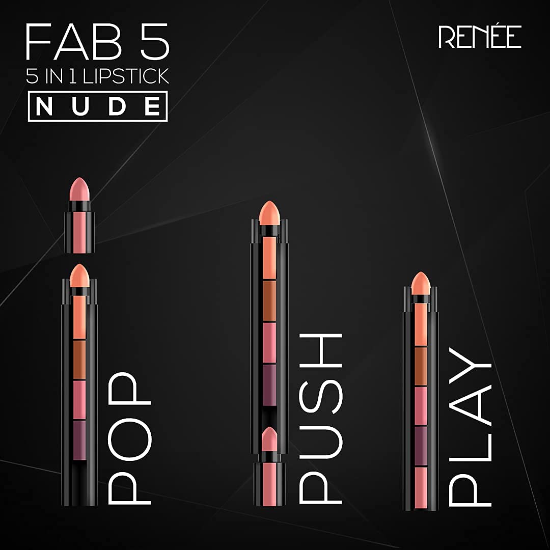 RENEE Fab 5 Nude 5 in 1 Lipstick 7.5gm - Five Shades in One -long Lasting, Matte Finish - Non Drying Formula With Intense Color Payoff - Compact & Easy to Use