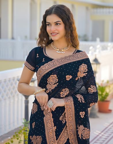 SIRIL Women's Georgette Embroidery & Stone Work Scalloped Border Saree With Unstitched Blouse Piece (4932S932_Dark Navy Blue)