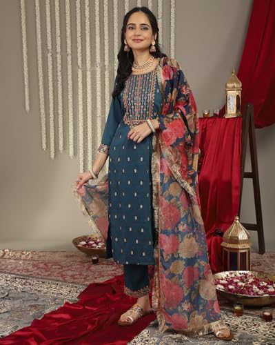 Varanga Women Teal Embroidered Straight Kurta Paired With Tonal Bottom And Printed Dupatta.