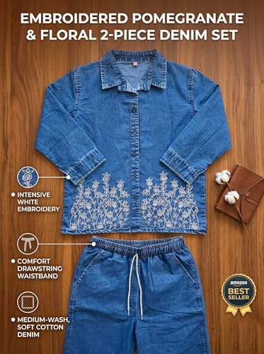 ESSVANE Denim Co Ord Set for Women || Denim Jacket and Pant Set || Embroidered Co Ord Set with Crop Jacket and Pants With Pockets (Mid Blue, M - 30 Waist)