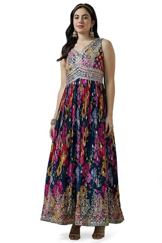Soch Womens Navy Blue Chinon Blend Botanical Print Alia Cut Gown