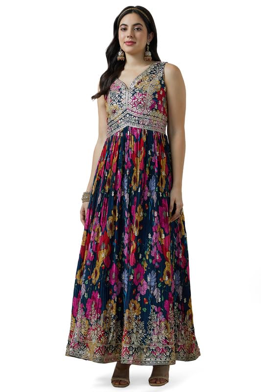 Soch Womens Navy Blue Chinon Blend Botanical Print Gown With Sequins