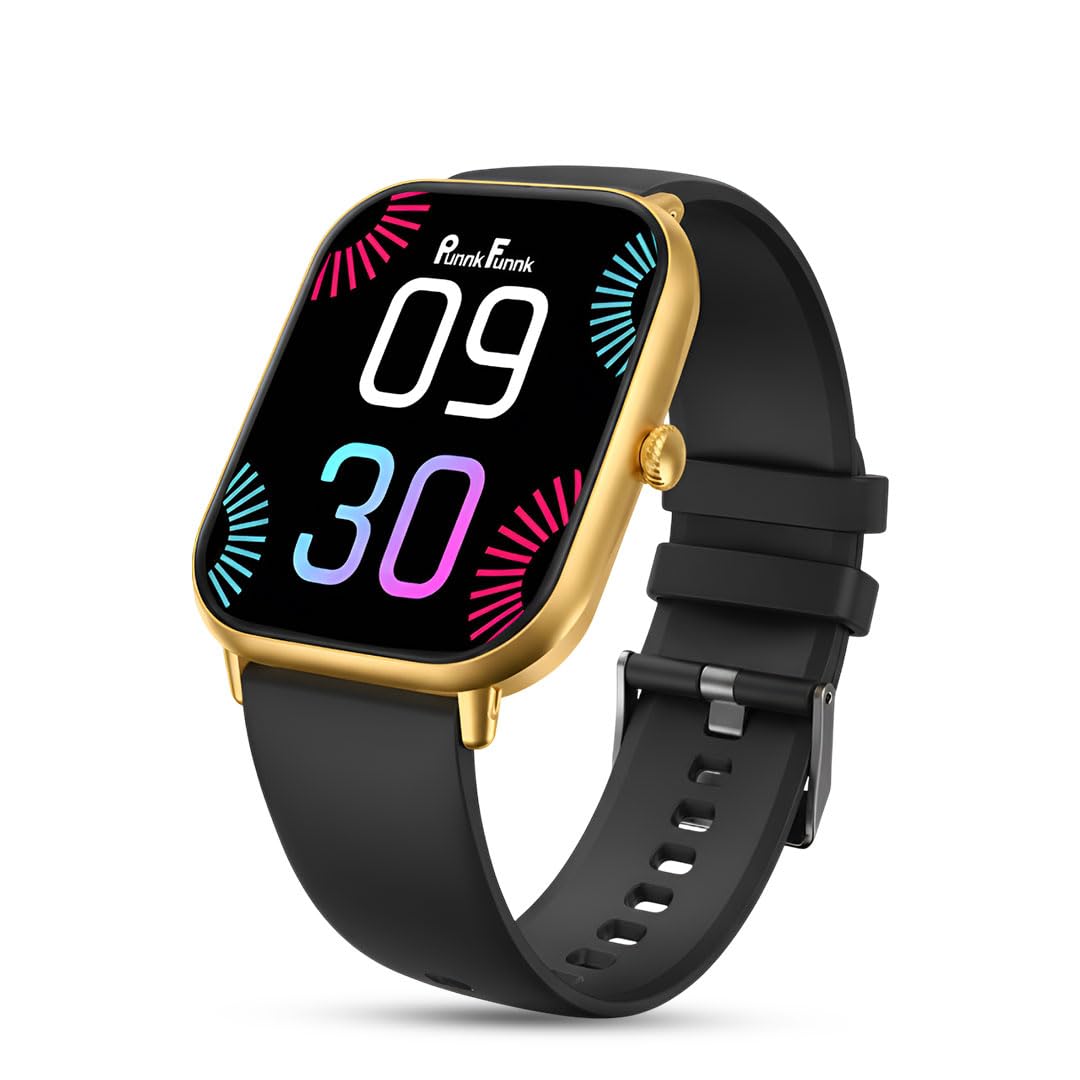 PunnkFunnk NeoLux 1.96” HD Display Smartwatch for Men & Women 2025 | Bluetooth Calling | 110+ Sports Modes | Heart Rate | SpO2 | IP67 Waterproof | Compatible with Android & iOS - (Gold Dial Black)