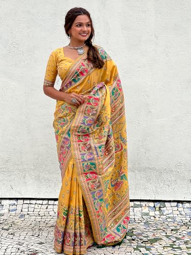 Pandadi Saree Women's Yellow Pashmina Kashmiri Silk Saree With Unstitched Blouse Piece