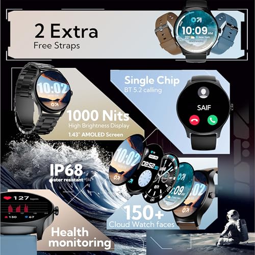 GOBOULT Rover Pro Smartwatch 1.43'' AMOLED, BT Calling 5.3, 1000 Nits Brightness, IP68, 150+ Watchfaces, 120+ Sports Modes, AI Voice Assistant, SpO2 Monitoring (Coal Black)