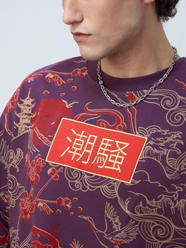 The Souled Store Originals: Sound of Waves Men and Boys Short Sleeves Round Neck Purple Embellished Lightweight Comfortable All-Season Cotton Oversized T-Shirts