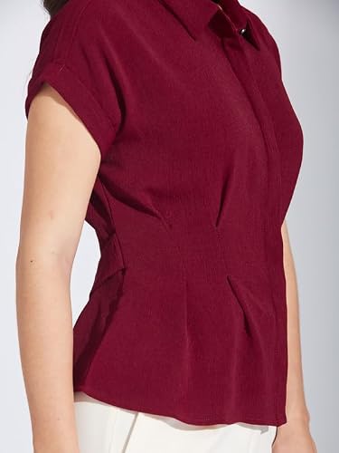 Latin Quarters Women Maroon Half Sleeve Collared Casual Solid Shirt_S