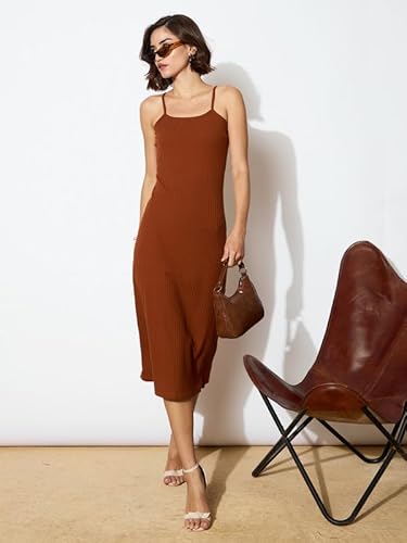 barcino Brown Rib Strappy Slip-on Dress