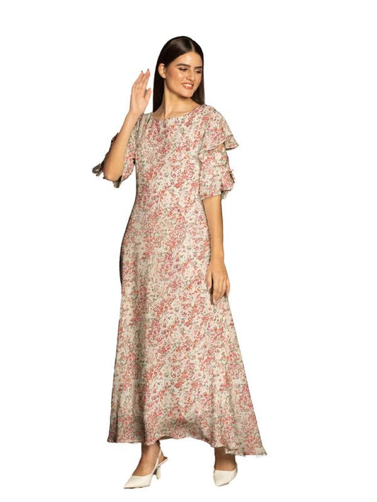 Zink London Women's Beige Floral Print Flared Maxi Dress