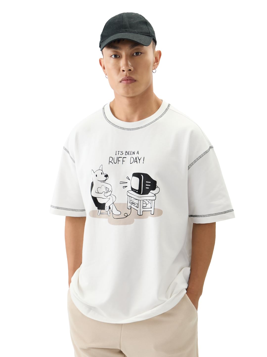The Souled Store Ted The Stoner: Ruff Day Men and Boys Short Sleeves Round Neck Graphic Printed Cotton Oversized T-Shirts White