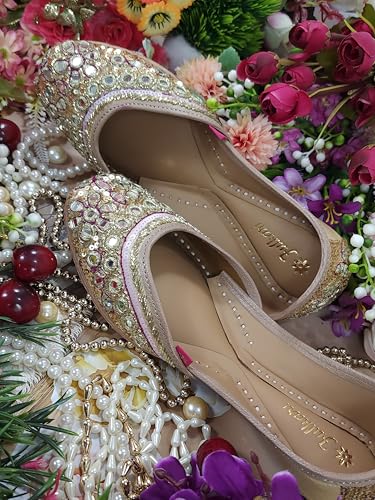 Fulkari Women Miraj Mirror Gold Formal Genuine Soft Leather Jutis | Bite and Pinch Free Juttis | Punjabi Jutti | Girl's Wedding Flat Ladies Mojari Ethnic Juti | 39