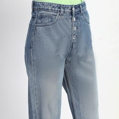 Madame Four Buttoned Stone Wash High Waisted Blue Denim