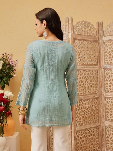 Ada Hand Embroidered Lucknowi Chikankari Kota Top Tunic Kurti with Slip for Women & Girls A911180 Green (XL)