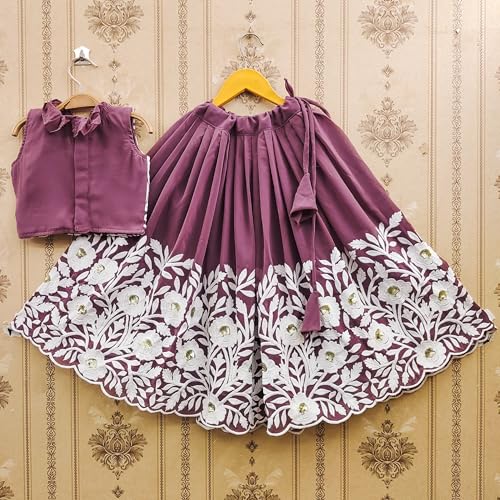 Tejam Girls Traditional Georgette Silk Floral Embroidered Readymade Crop Top With Lehenga Choli For Girls 2 To 8 Years (Onion, 6-7 Years)