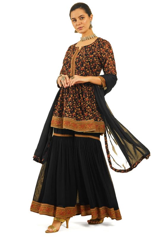 Soch Womens Black Georgette Floral Print Sharara Suit Set