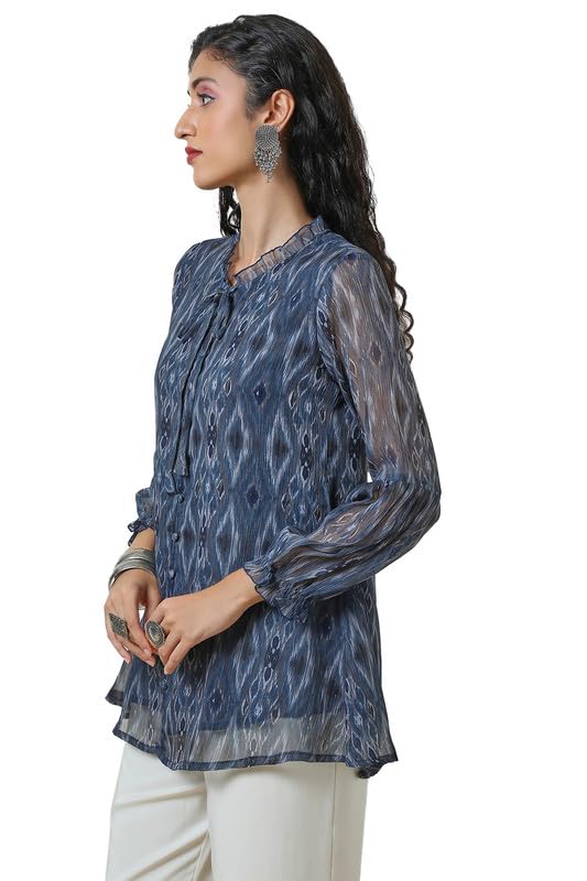 Soch Womens Blue Chiffon Ikat Print A Line Tunic with Tie-Up Neck