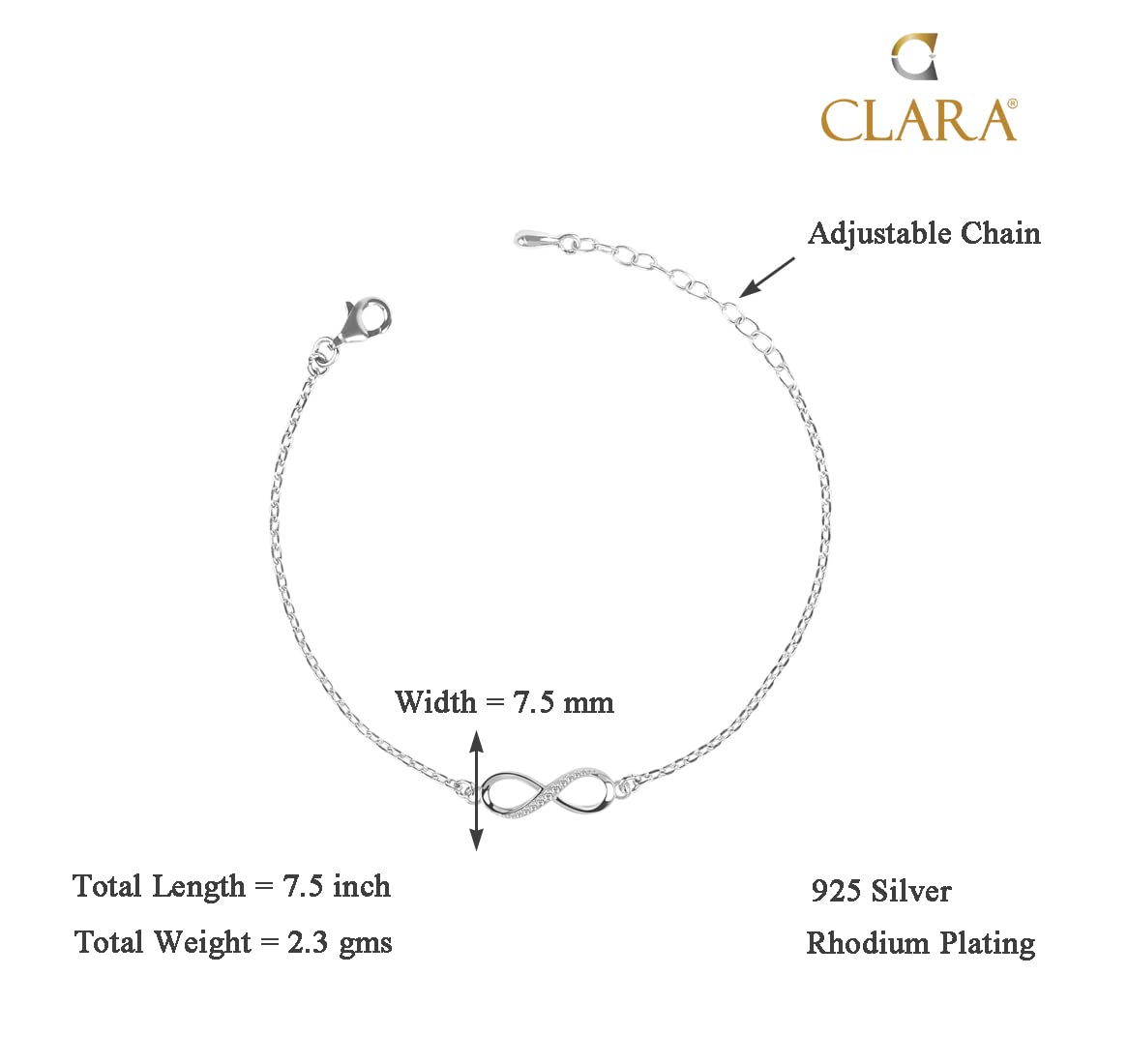 Clara 925 Sterling Silver Infinity Bracelet, Adjustable, Rhodium Plated, Swiss Zirconia Gift for Women and Girls