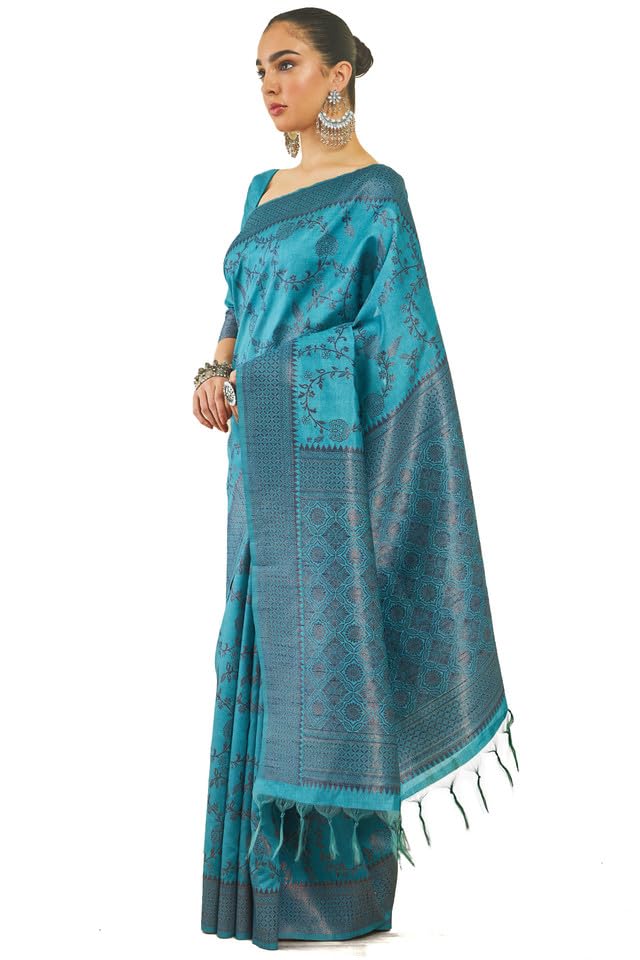 Soch Womens Blue Tussar Floral Pattern Woven Saree with Tasselled Border