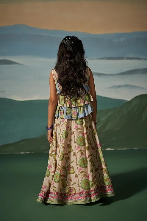 Naixa Girl's Rayon Floral Pattern Lehenga Choli Set with Sleeveless Round Neck and Elastic Closure Type| Ready to Wear Lehenga Choli Set