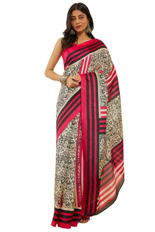 Soch Womens Magenta Warli Print Art Silk Saree