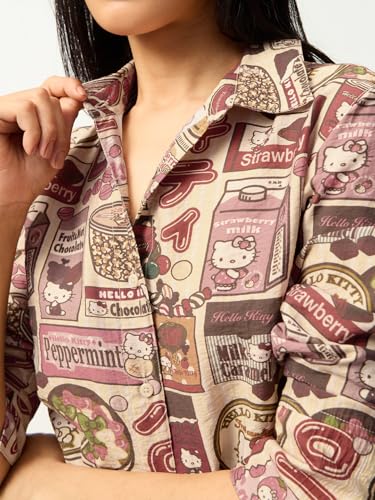 The Souled Store Hello Kitty: Delish Women and Girls Full Sleeves Spread Collar Beige Graphic Printed Viscose Polyamide Slim Fit Lightweight Winter-Ready Shirt for Casual Wear