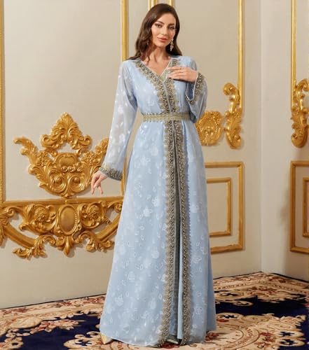 Embroidery Abayas for Women Muslim Moroccan Floral Maxi Kaftan Dress Arabic Islamic Dubai Robe Ramadan Prayer Clothes, Light Blue, S