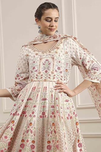 Biba Women's Off White Cotton Anarkali Printed Lehenga Set