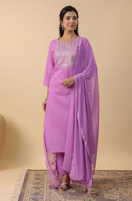 Anekha Women's Lavender Cotton Blend Yoke Embroidery Straight Kurta Set(ANC24ST00311-S)