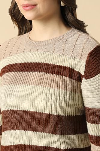 Women Beige Stripe Round Neck Casual Sweater