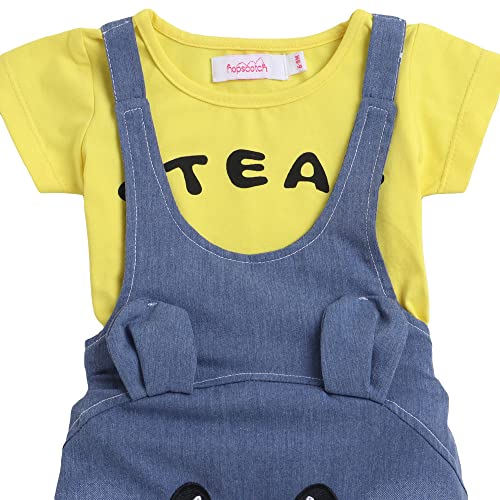 Hopscotch Girls Animal Applique Pinafore Dress with Text Print T-shirt In Yellow Color for Ages 3-6 Months